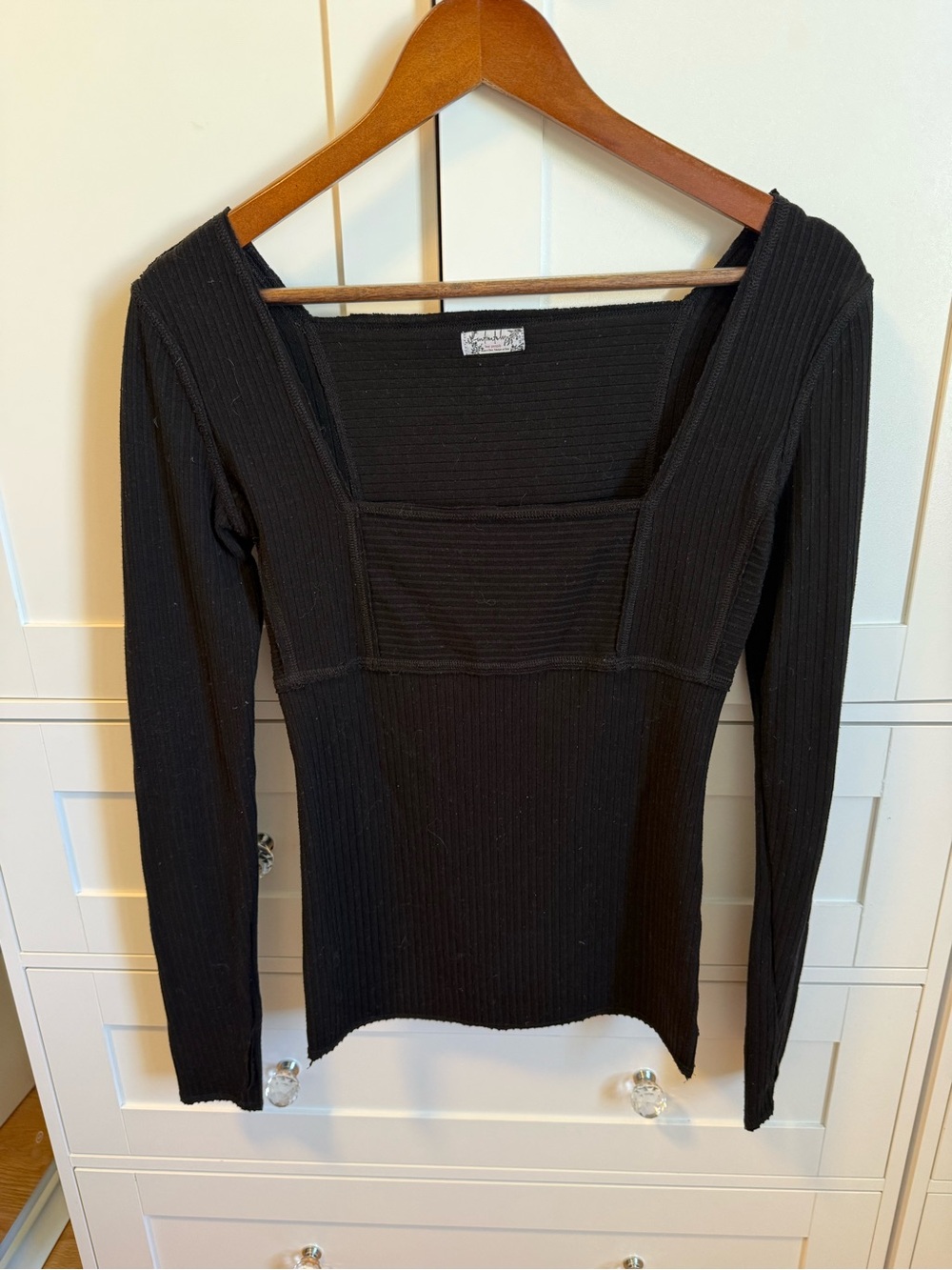 Free People Black Ribbed Square-Neck Long Sleeve Top